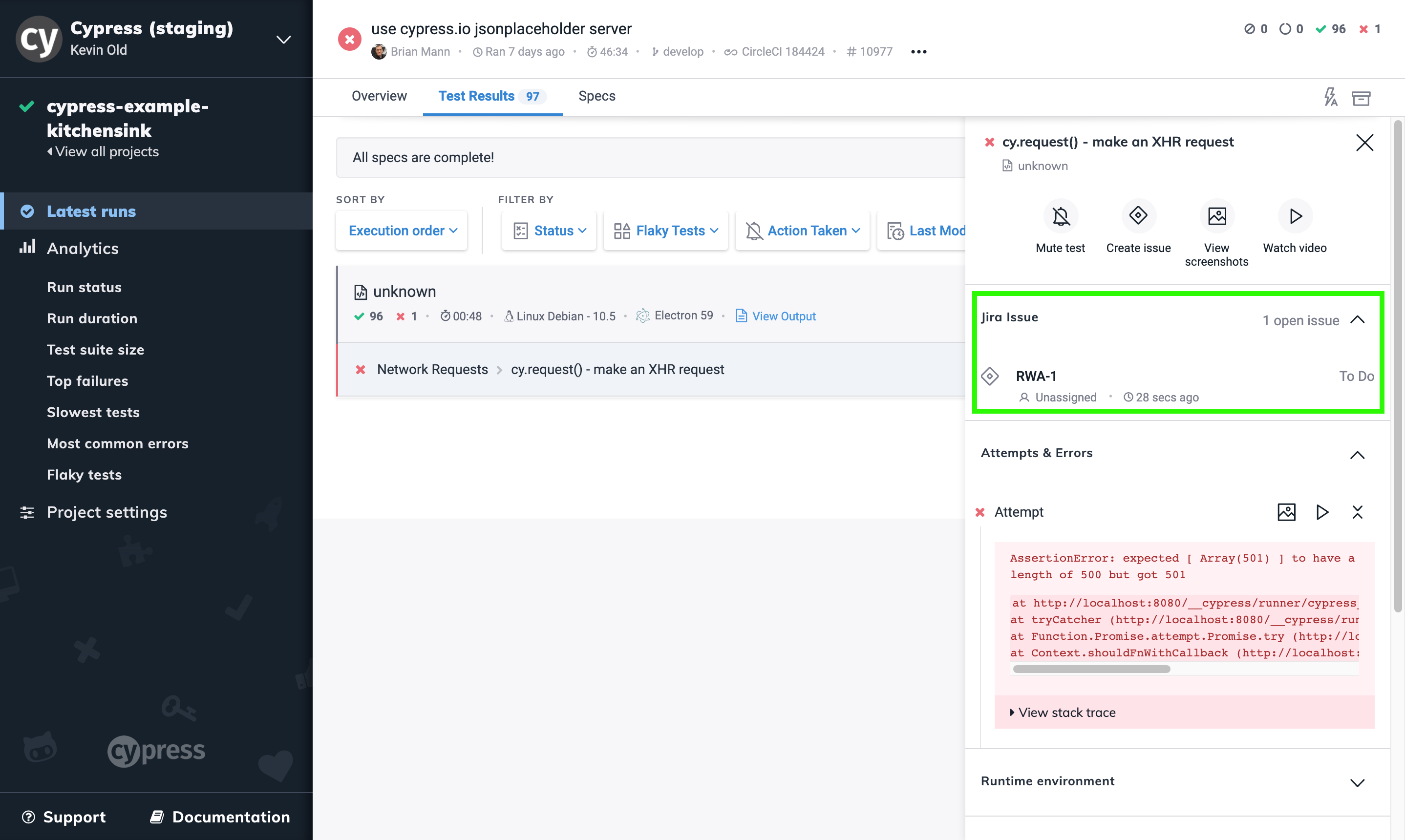 Jira Issue in Cypress Failure Context